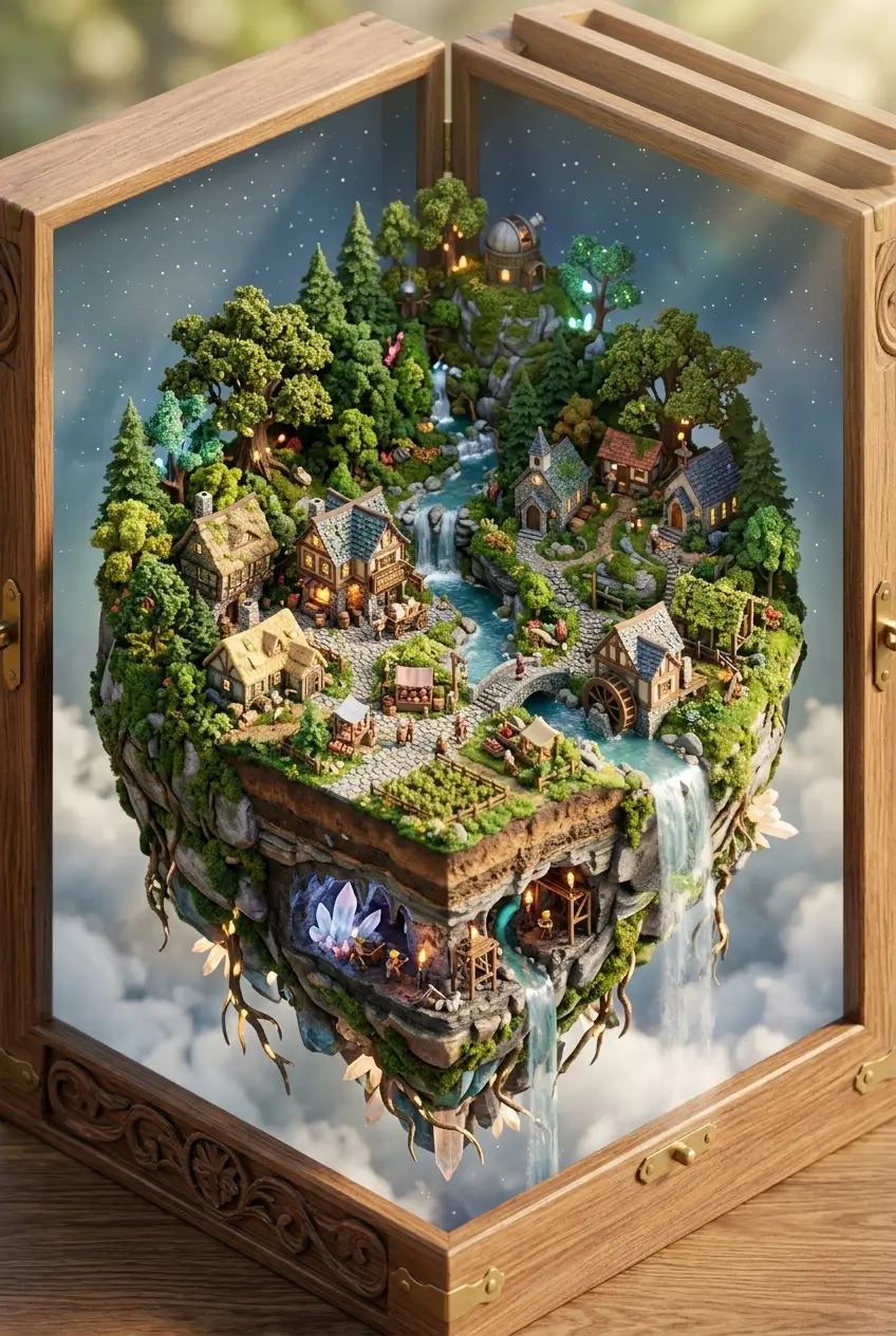Miniature village on a floating island, inside an open wooden box. Nano Banana 2 on MinimaxAI.video