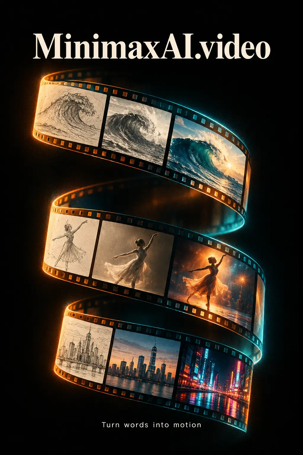 Poster of a curling film strip: ocean, dancer, city at night. GPT Image 2.5 Sunburst on MinimaxAI.video