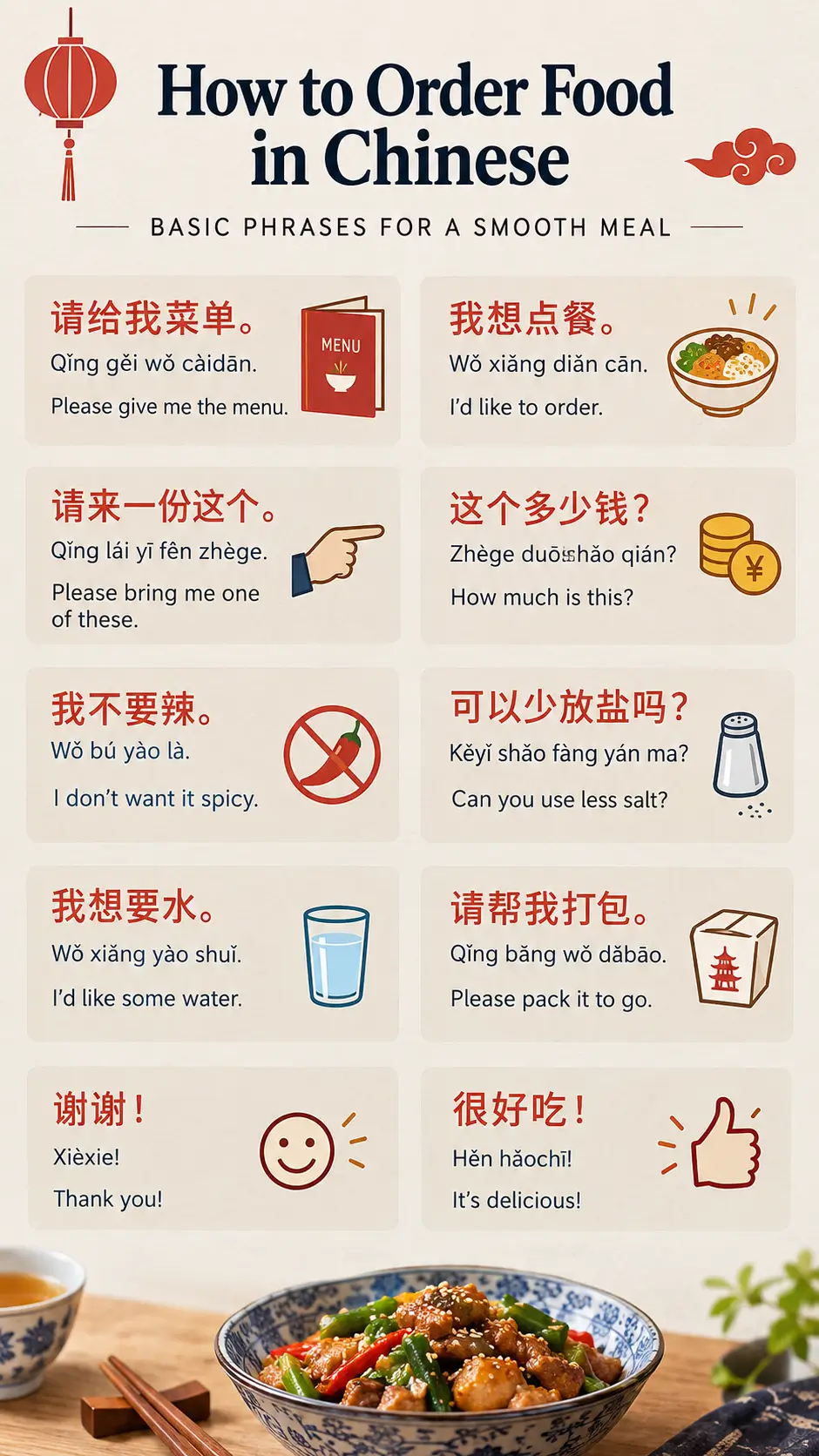 Card of basic phrases for ordering food in Chinese, with pinyin and English. GPT Image 2 on MinimaxAI.video