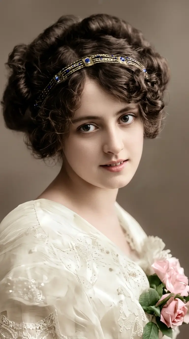 Color portrait from an old photo: lace dress, jeweled headband, pink roses. Nano Banana 2 on MinimaxAI.video