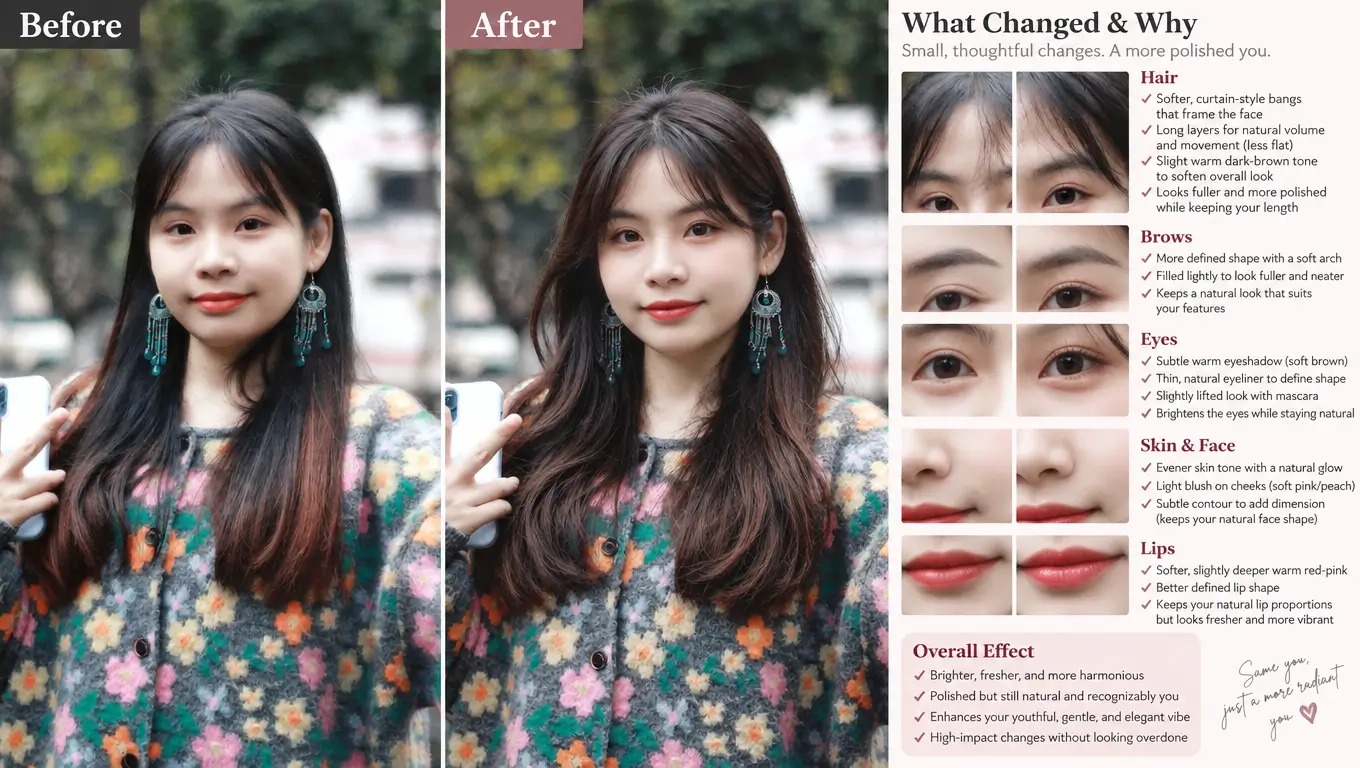 Before and after of a selfie, with notes on hair, brows, eyes, and lips. GPT Image 2.5 Sunburst on MinimaxAI.video