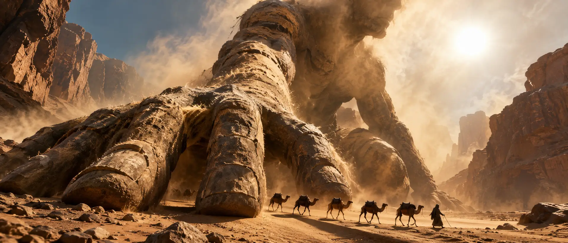 Stone giant kneeling in a desert canyon, camels walking between its fingers. GPT Image 2.5 Flare on MinimaxAI.video