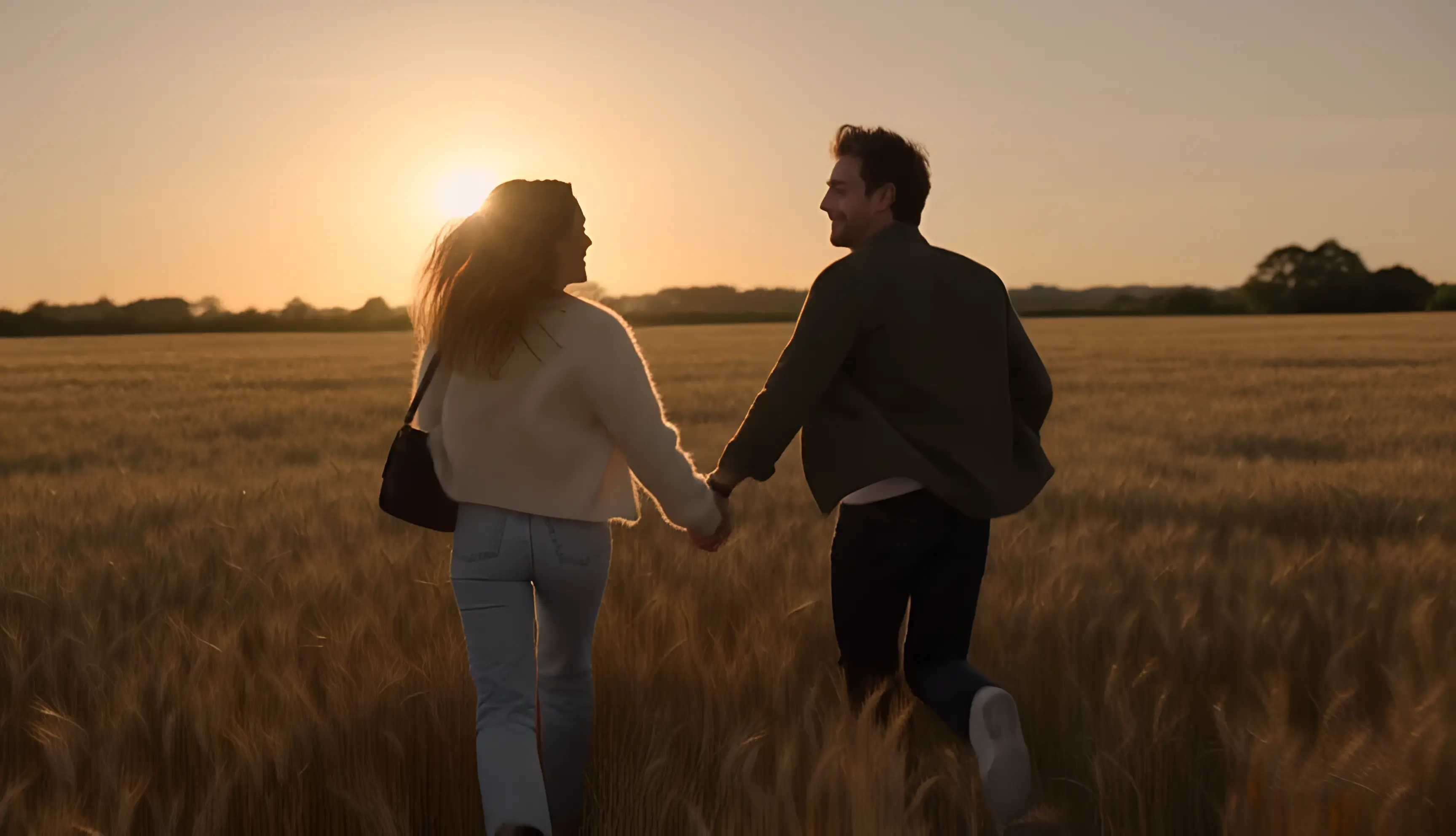 Two people embracing in a golden wheat field at sunset, the closing scene of the zombie couple video