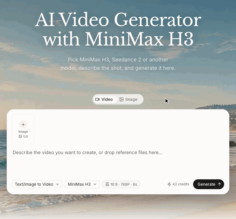 Making an AI video on MinimaxAI.video: pick Video or Image, choose a mode and a model like MiniMax H3 or Seedance, set the resolution and length, write a prompt and hit Generate